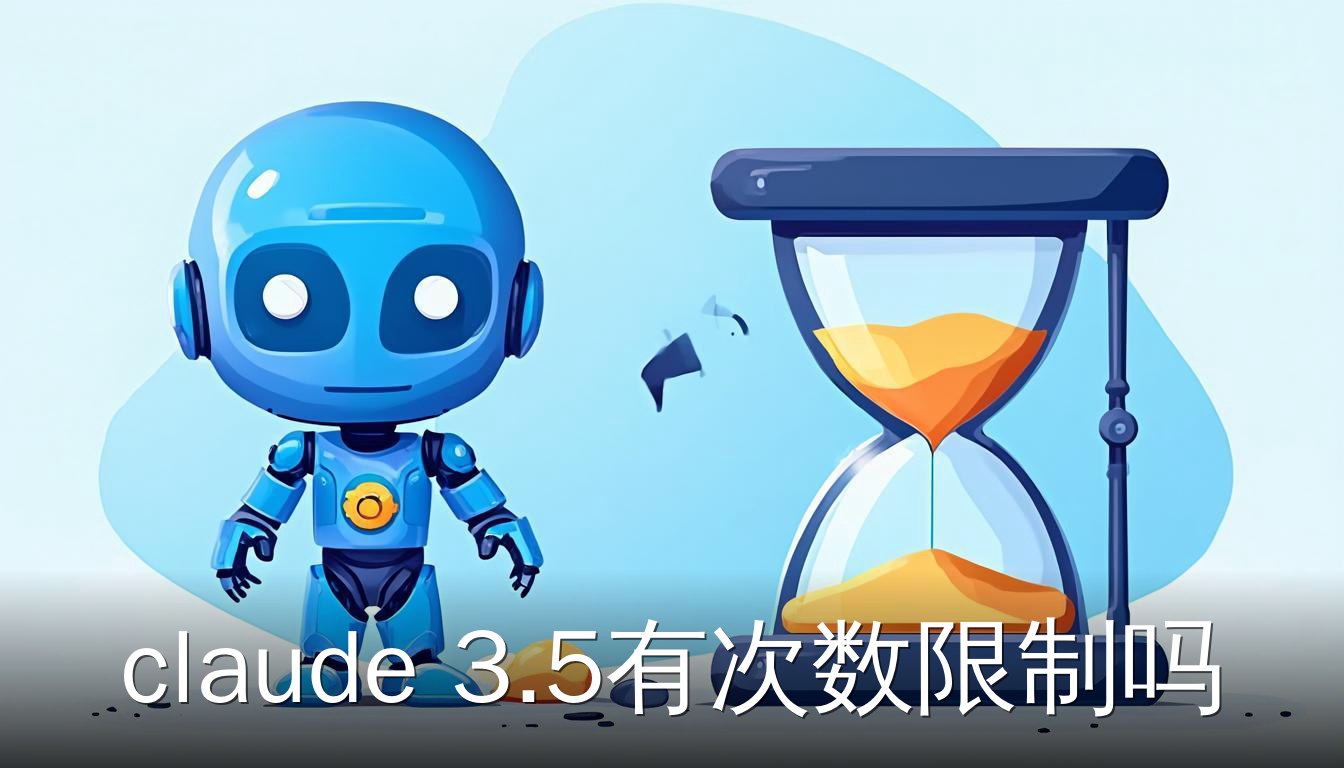 Claude 3.5 次数限制概念图，蓝色机器人图标与沙漏和计数器表示配额有限